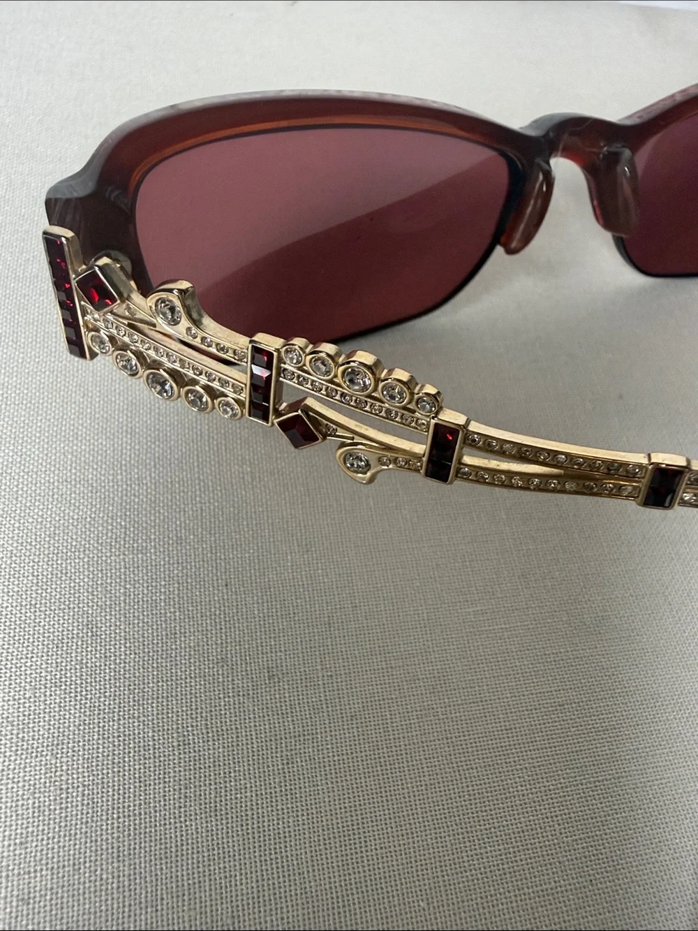Judith Leiber Red Rectangular Frames with Decorative Metal Temples